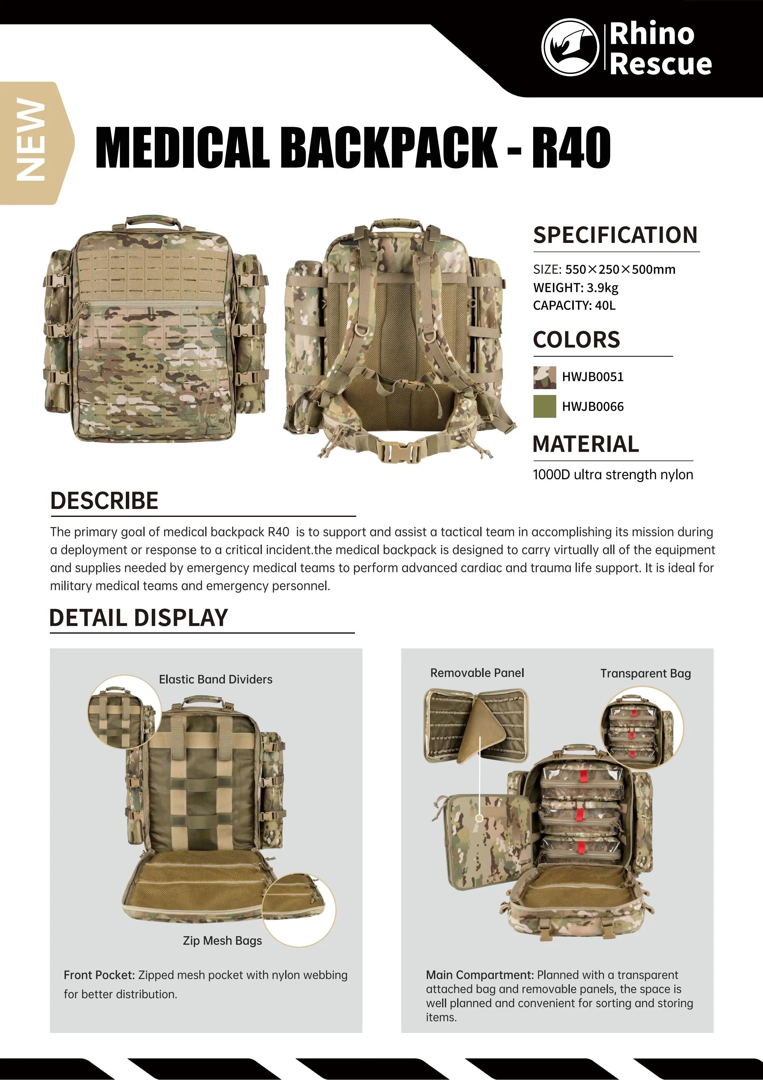 Product Rhino Rescue 40L Medical Tactical Backpack, Medical Supplies Bag First Aid for Hiking, Trekking Hunting,Camping - EMSRUN image