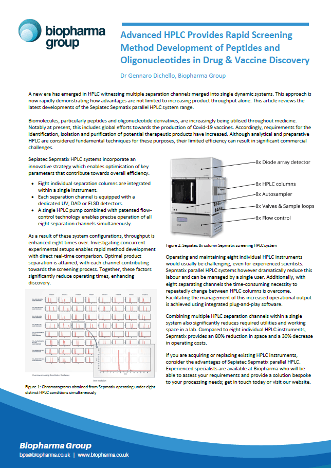 Product Advanced HPLC Provides Rapid Screening Method Development of Peptides and Oligonucleotides in Drug & Vaccine Discovery - Biopharma Group image