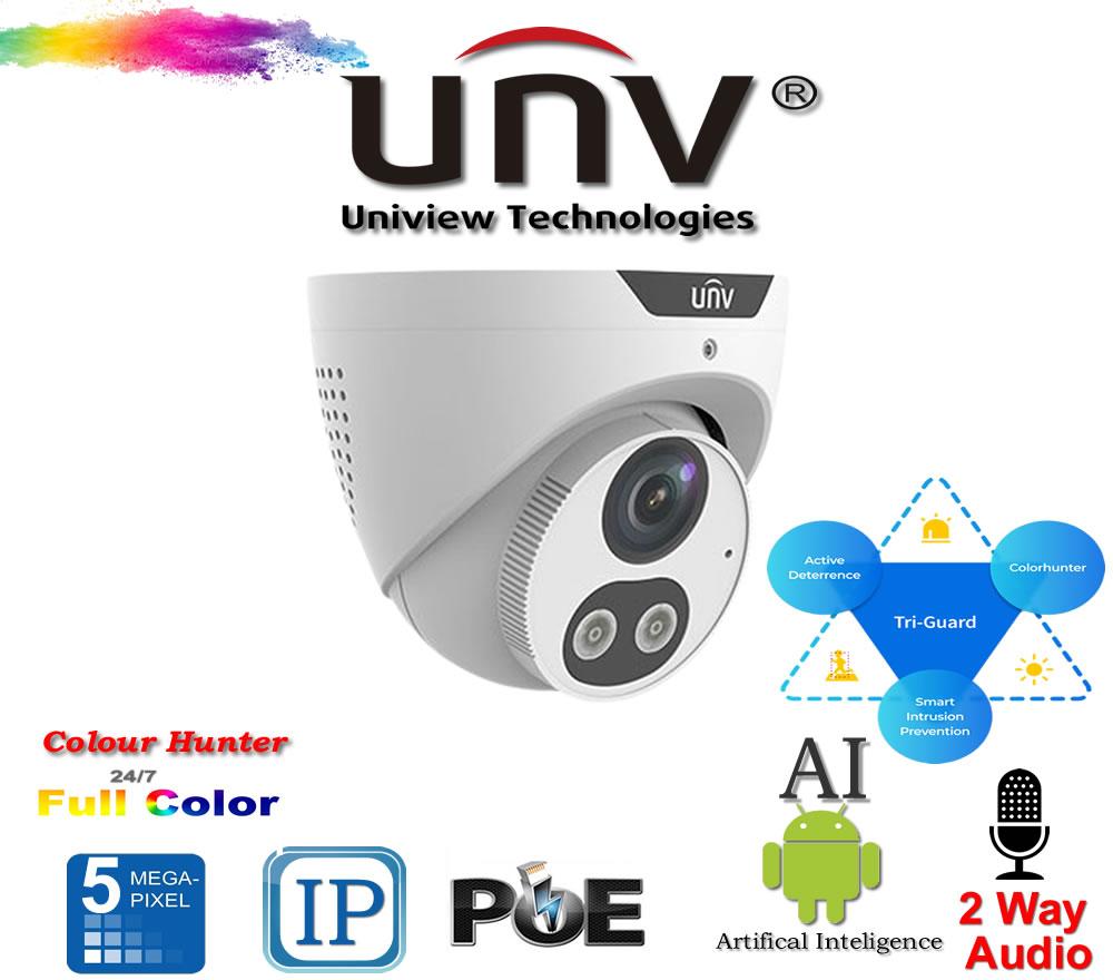 Product 5MP UNIVIEW IPC3615SB-ADF28KMC-I0 TRI-GUARD COLORHUNTER 24/7 COLOUR IR TURRET NETWORK CAMERA WITH LIGHT AUDIBLE WARNING AND DEEP LEARNING ARTIFICIAL INTELLIGENCE - AAA CCTV image