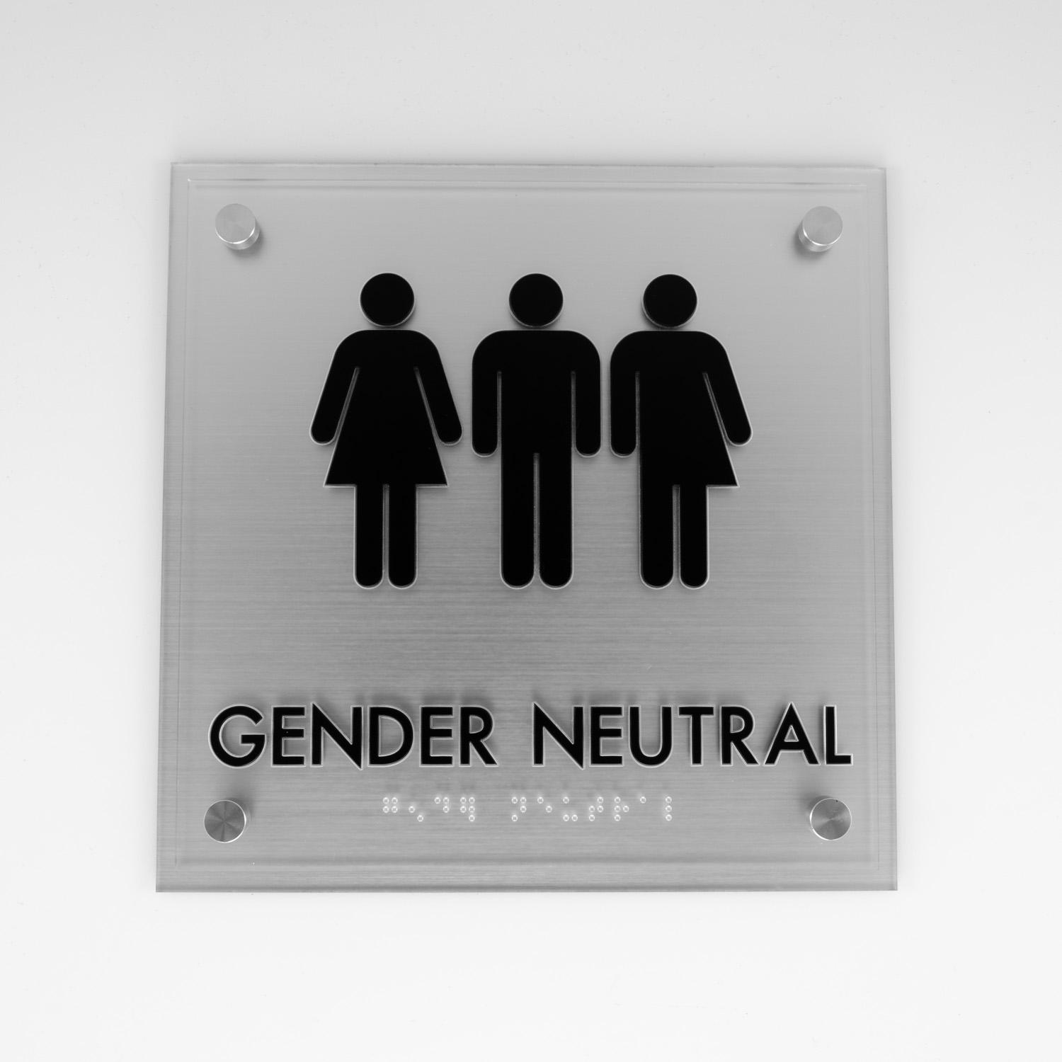 Product Gender Neutral Restroom Sign, 8.5" x 8.5", ADA, Crystal Non-Glare Acrylic, Stainless Steel Standoff Caps and Brushed Aluminum Look - Erie Custom Signs image