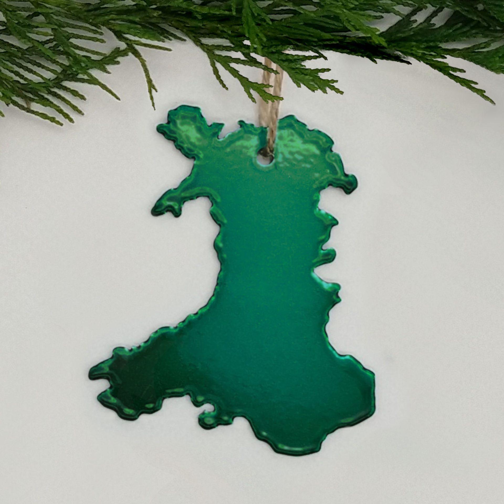 Product Cymru – Wales Map Hanging Metal Christmas Decoration – Dragon’s Emeralds Green - Ravens' Way Metalworks image