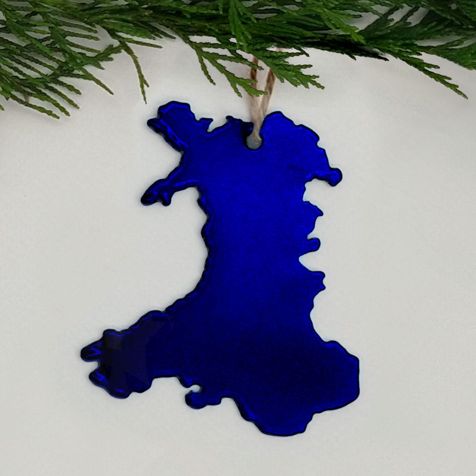 Product Cymru – Wales Map Hanging Metal Christmas Decoration – Dragon’s Sapphires Blue - Ravens' Way Metalworks image