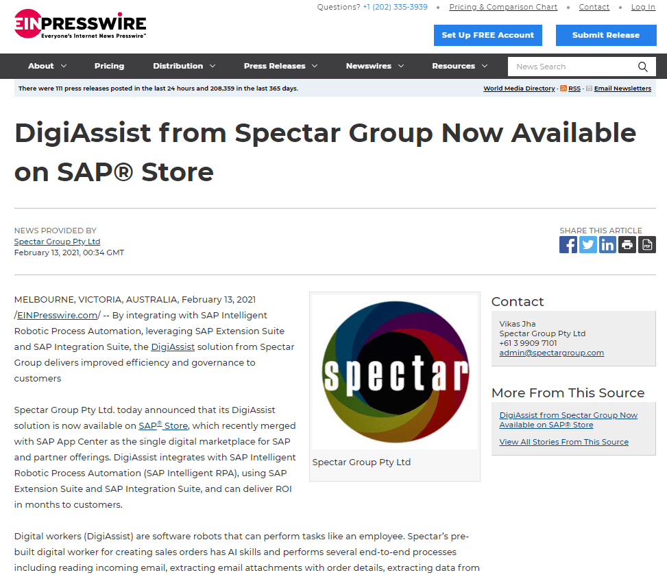 Product Spectar DigiAssist featured on SAP Store - Spectar Group image