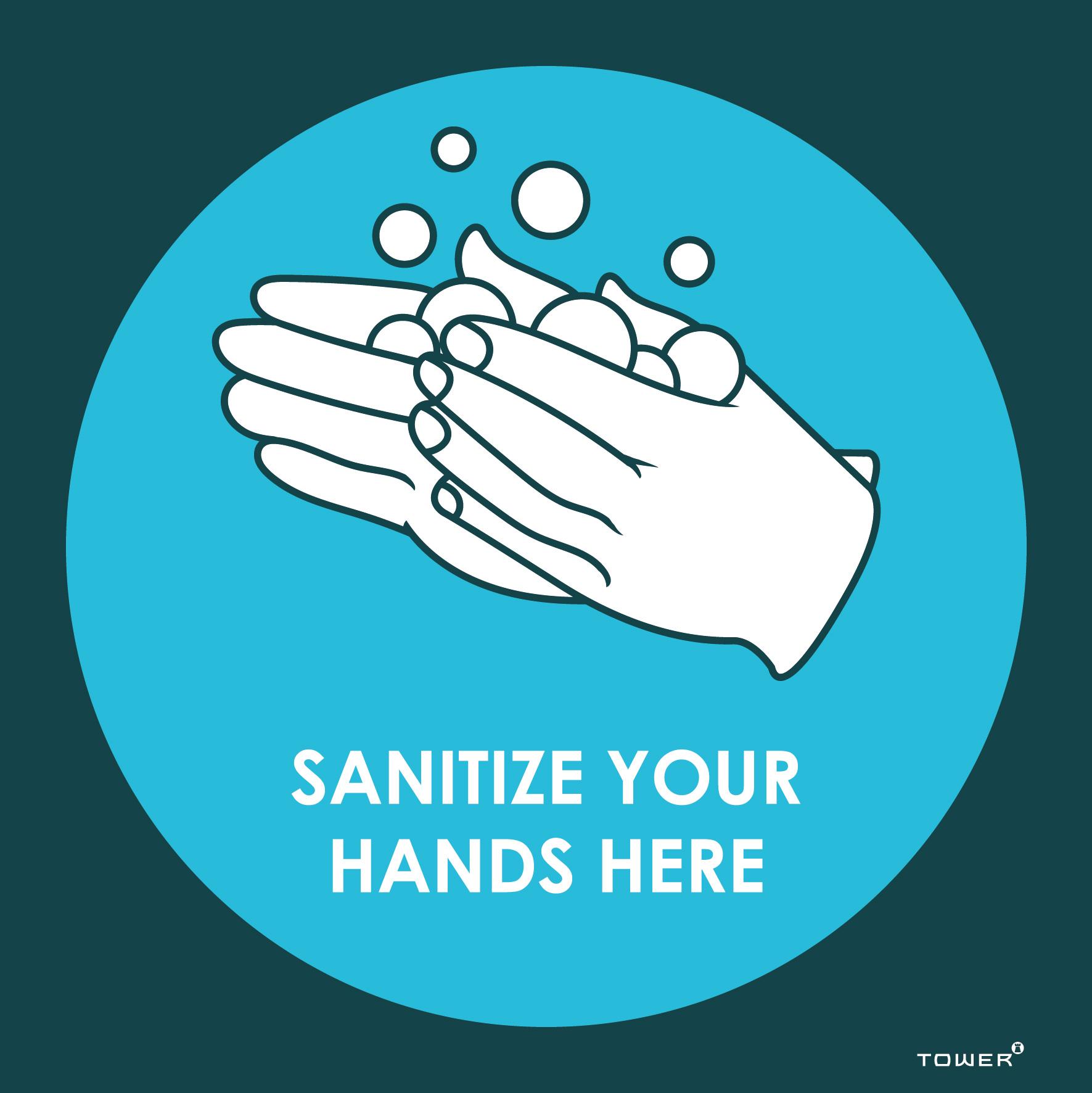 Product Sanitize hands here (1) - 190mm x 190mm ABS - StickerandLabelSA.co.za | Order Stickers & Labels Online image