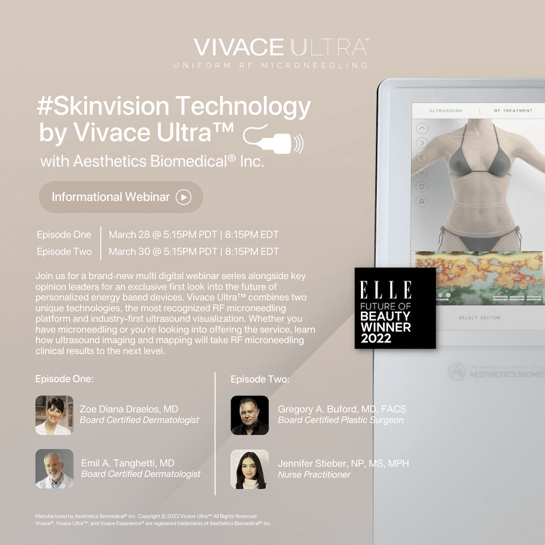 Product Aesthetics Biomedical® presents #Skinvision Technology by Vivace Ultra™ - Ep #2 featuring Dr. Buford & Jennifer Stieber, NP - Aesthetics Biomedical image