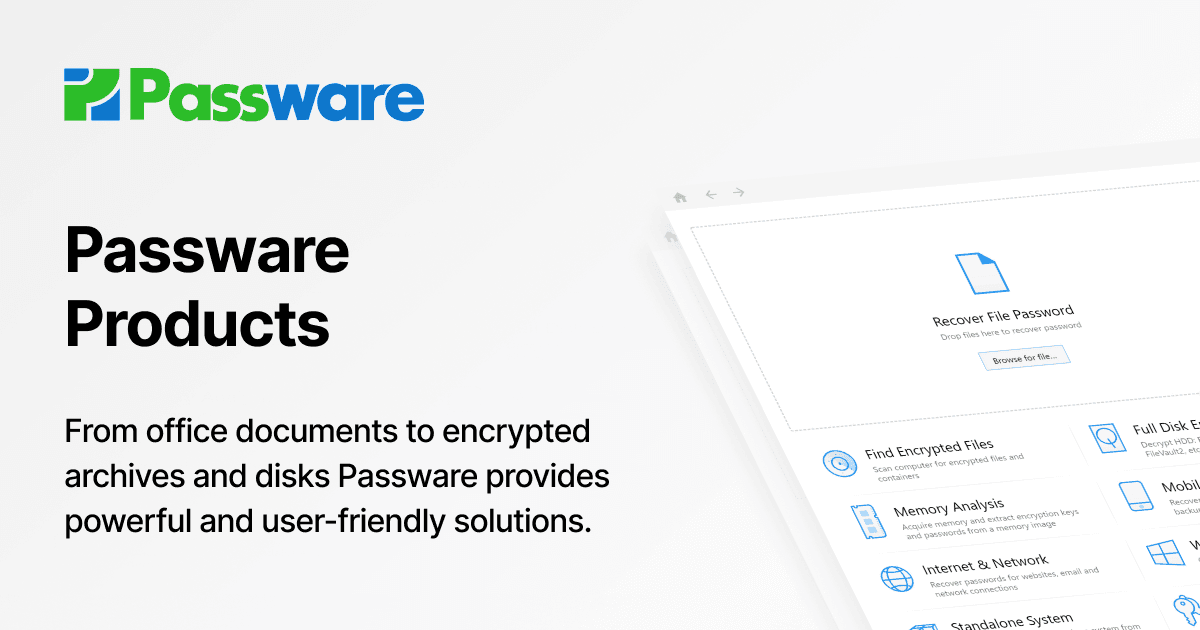 Product From office documents to encrypted archives and disks, Passware provides powerful and user-friendly decryption solutions image