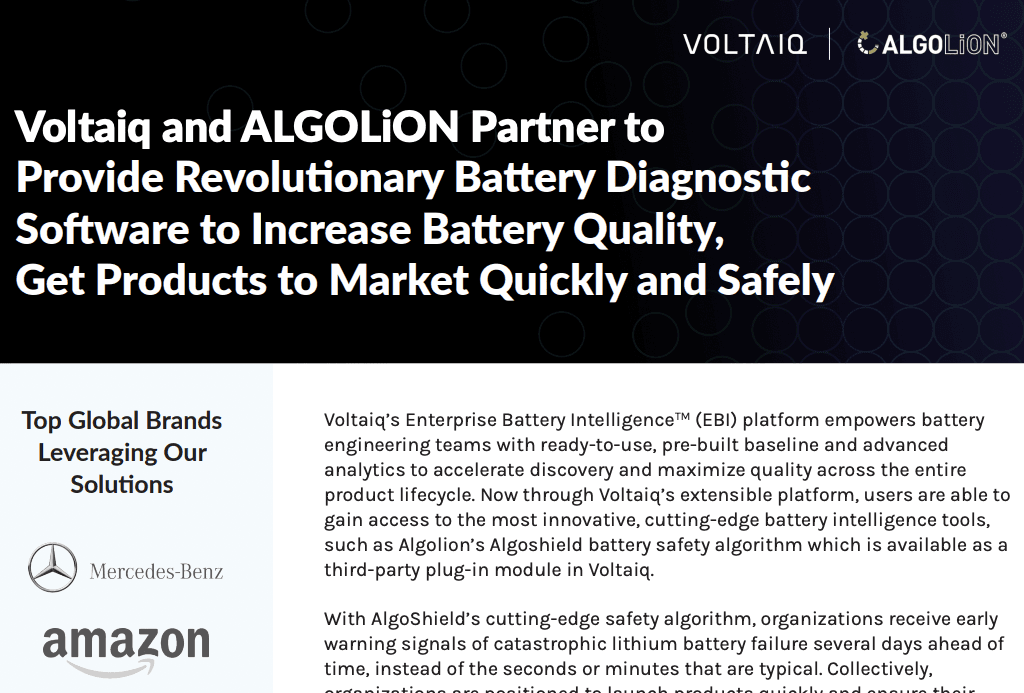 Product Voltaiq and ALGOLiON Partner to Provide Revolutionary Battery Diagnostic Software to Increase Battery Quality, Get Products to Market Quickly and Safely | Voltaiq image
