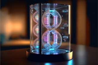 eine simulierte DNA-Sequenz als Hologramm in einem Glas