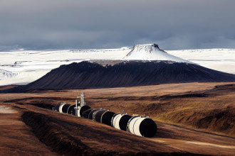 A dreary landscape. Concrete pipes lie one behind the other, in the background you can see a snowy landscape