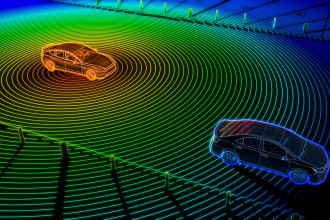 Eine 3D Animation, welche die Wellen verdeutlicht die die Sensoren der Autos ausstrahlen