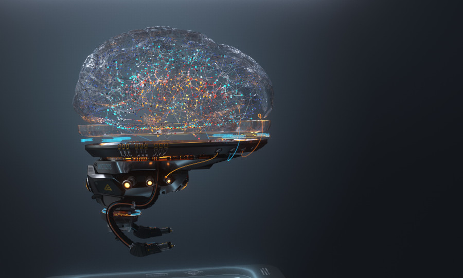 An artificial brain with visibel neurons in it 