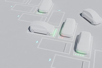 Simulierte Parkende Autos. Ein Akkustand ist auf der Parkfläche zu sehen