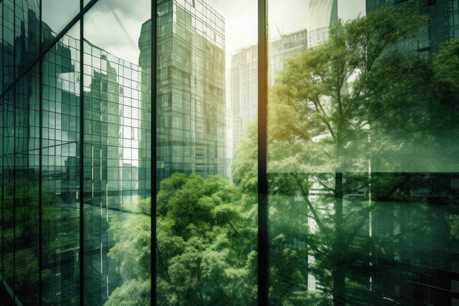 ein Blick aus einem Gebäude. Die Wolkenkratzer auf der Außenseite sind in einer grünen Stimmung dargestellt und viele Bäume können aus dem Fenster gesehen werden