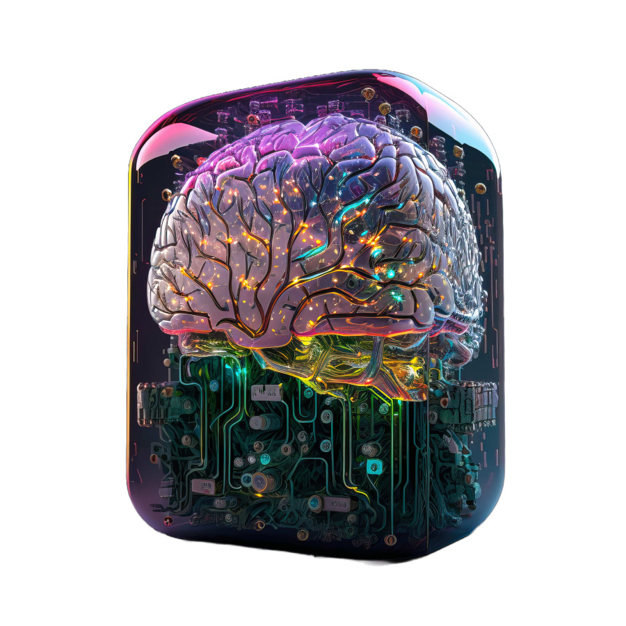 Ein Gehirn in einem gläsernen Würfel, Elekroden und Platinen im Hintergrund des Würfels