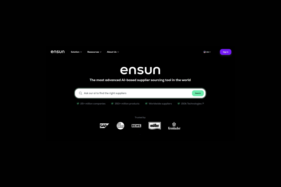 Screenshot of Homepage of the eSourcing Tool ensun.io