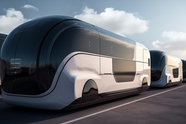 A futuristic bus in a line with other futuristic busses