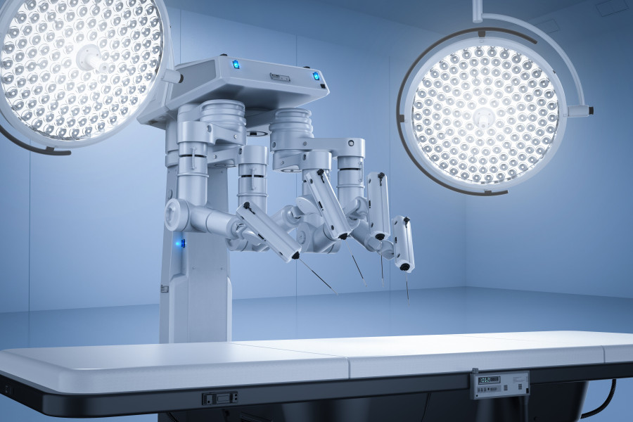 A robot used to do surgery in a hospital