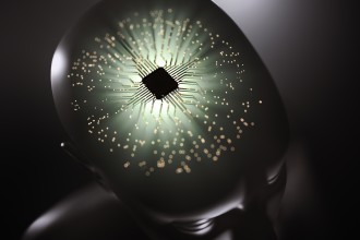 A human transparent head with a processor in it, the cabels in the head are looking like a brain