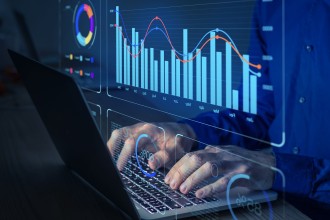 Illustration of Marketing Analytics with graphs and a laptop