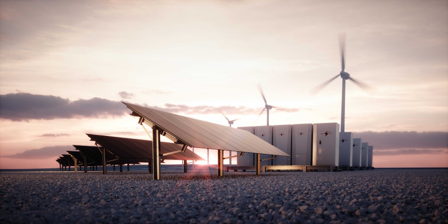  windmills, energystorages and solar panels in front of a blue sky in a dessert