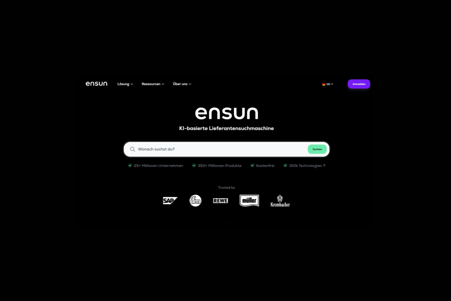 Screenshot von der Startseite der B2B Suchmaschine ensun.io